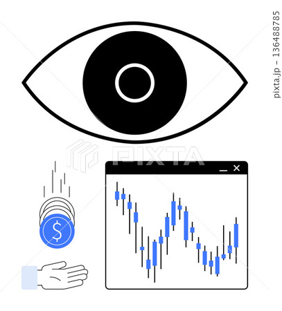 Financial analysis, trading platforms, stock market monitoring, income generation, investment security, data visualization. Eye, coins financial candlestick chart on white background. Financial 136488785