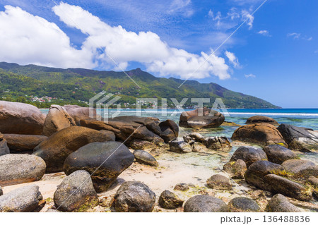 Rocky Beau Vallon beach view with clear turquoise water 136488836