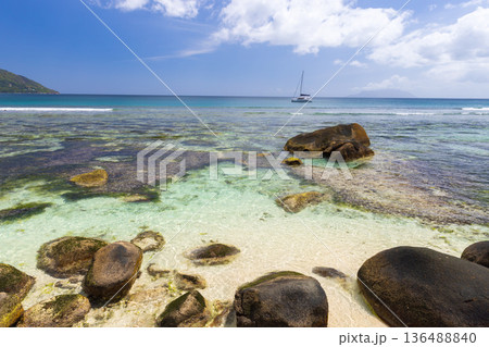 Coastal view of Beau Vallon beach. Natural landscape Coastal view of Beau Vallon beach. Natural landscape 136488840