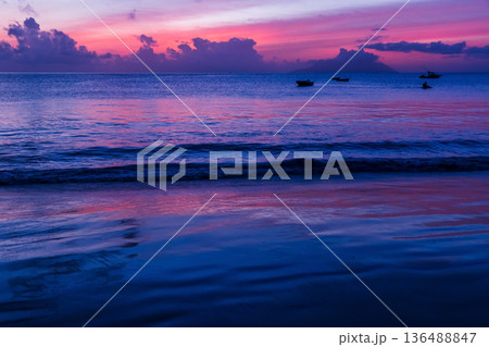 Tropical night beach landscape of Mahe island, Seychelles Tropical night beach landscape of Mahe island, Seychelles 136488847