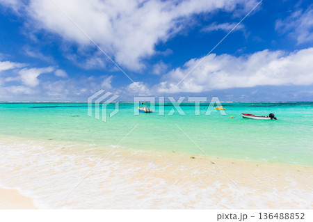 Anse Royale coastal view with small motor boats Anse Royale coastal view with small motor boats 136488852