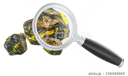 Uranium ore rocks under magnifying glass. 3D rendering Uranium ore rocks under magnifying glass. 3D rendering 136488984