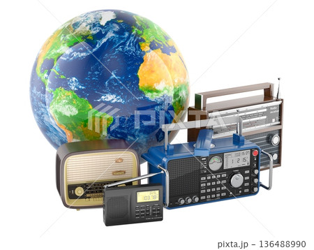 World Radio Day concept with globe and radio receivers, 3D rendering World Radio Day concept with globe and radio receivers, 3D rendering 136488990