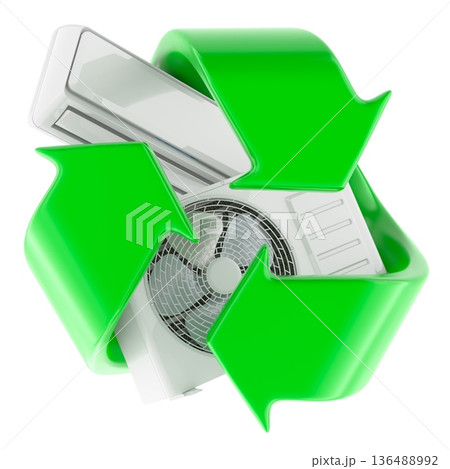Air conditioner recycling concept with green arrows. 3D rendering Air conditioner recycling concept with green arrows. 3D rendering 136488992