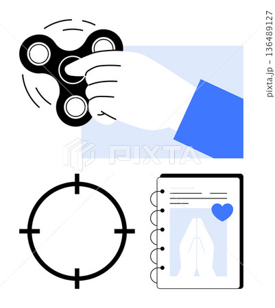 Stress relief, focus improvement, spirituality, mindfulness, goal-setting, productivity. Hand spinning a fidget spinner, target symbol notebook with prayer and heart. Stress relief and focus 136489127