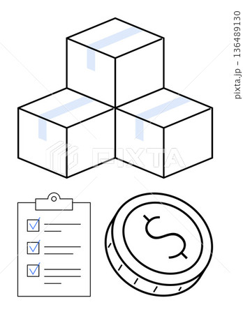 Logistics, e-commerce, delivery management, financial planning, inventory tracking, order processing. Three stacked boxes, checklist and coin symbol. Logistics and e-commerce Logistics, e-commerce, delivery management, financial planning, inventory tracking, order processing. Three stacked boxes, checklist and coin symbol. Logistics and e-commerce 136489130