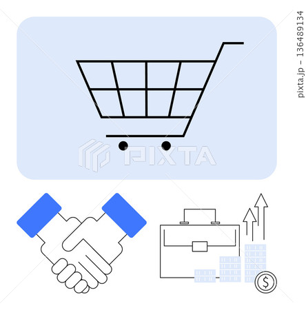 E-commerce, business collaboration, partnership, financial growth, online shopping, data analytics. Shopping cart, handshake briefcase and growth chart icons. E-commerce and business collaboration E-commerce, business collaboration, partnership, financial growth, online shopping, data analytics. Shopping cart, handshake briefcase and growth chart icons. E-commerce and business collaboration 136489134