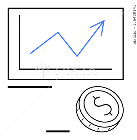 Business strategy, economic growth, profitability, investment, financial planning, wealth management. Chart with an upward arrow and dollar coin. Economic growth and profitability theme 136489141
