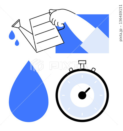 Sustainability, water management, time-saving, goal setting, environmental care, efficiency. Simple elements include a water drop, a stopwatch and a hand pouring water. Sustainability and water Sustainability, water management, time-saving, goal setting, environmental care, efficiency. Simple elements include a water drop, a stopwatch and a hand pouring water. Sustainability and water 136489151