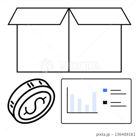 Business operations, financial growth, e-commerce, logistics, packaging, data analytics. An open box, dollar coin and chart. E-commerce and financial growth concepts Business operations, financial growth, e-commerce, logistics, packaging, data analytics. An open box, dollar coin and chart. E-commerce and financial growth concepts 136489161