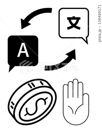 Global communication, translation, currency exchange, finance, multilingual accessibility, international trade. Image features arrows between a letter and character, a coin and a hand. Global 136489171