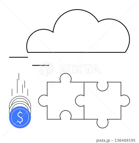Cloud computing, fintech growth, data integration, business solutions, financial technology, digital economy. Minimalist design cloud, coins and puzzle pieces. Cloud computing and fintech concept 136489195