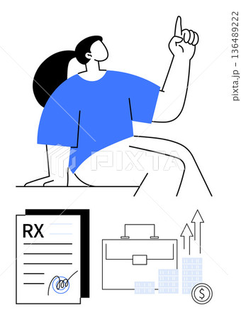 Business strategy, financial success, healthcare solutions, investment growth, economic planning, goal setting. Person pointing upward with documents, briefcase and charts. Healthcare and financial 136489222