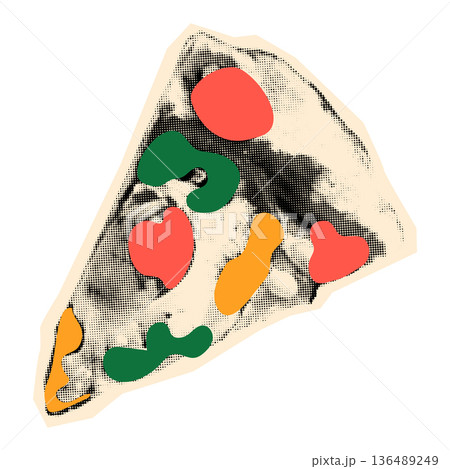 Italian pizza slice with doodle tomato, basil and cheese Trendy halftone collage element. Vintage sticker with dotted texture Modern retro grunge cutout vector illustration for mixed media zine design 136489249