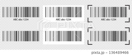 Set of barcode tag samples with scanner frames. Bar code labels isolated on transparent background. Stickers with visual presentation of digital data product information. Vector graphic illustration 136489466