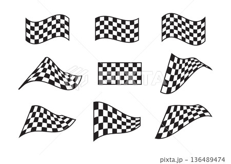 Set of wavy rally flags without sticks with checkered black and white texture. Start or finish signals on sport car competitions. Rally, karting or motocross props. Vector graphic illustration 136489474