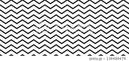 Repeated horizontal zigzag lines. Background with black and white jagged pattern. Parallel serrated stripes texture. Simple geometric print. Vector graphic illustration 136489479