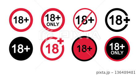 Set of eighteen plus icons. Number 18 in circle isolated on white background. Age censor signs. Movie viewing, website visiting, adult only or alcohol age limit labels. Vector flat illustration 136489481