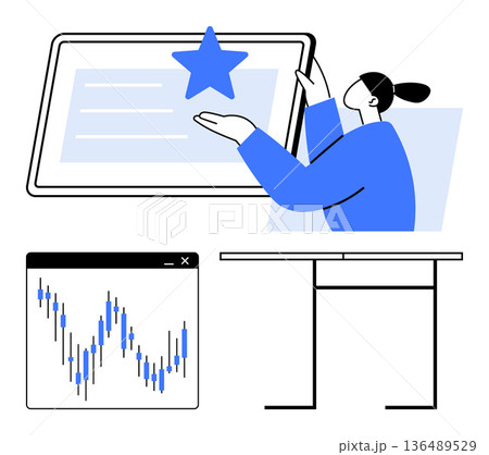 Business strategy, data analysis, performance review, financial metrics, productivity, growth planning. A person presenting a star on a screen and financial chart visuals. Data analysis Business strategy, data analysis, performance review, financial metrics, productivity, growth planning. A person presenting a star on a screen and financial chart visuals. Data analysis 136489529