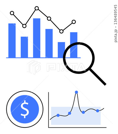 Data analysis, financial planning, business trends, market research, performance monitoring, investment strategies. Bar chart, magnifying glass dollar symbol line graphs . Data analysis 136489545