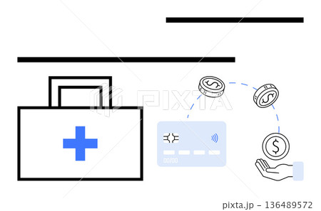 Health finance, medical expenses, health insurance, payment systems, digital transactions, financial planning. A medical briefcase, credit card coins and a hand exchanging money. Health insurance Health finance, medical expenses, health insurance, payment systems, digital transactions, financial planning. A medical briefcase, credit card coins and a hand exchanging money. Health insurance 136489572