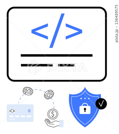 Web development, fintech, cybersecurity, payment processing, data protection, online transactions. Visual of code symbol, shield with a lock and payment process. Web development and cybersecurity 136489575