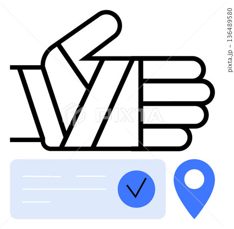 Data verification, approval processes, location tracking, technology services, logistics management, business operations. A hand wrapped in lines with checkmark and location pin. Data verification 136489580