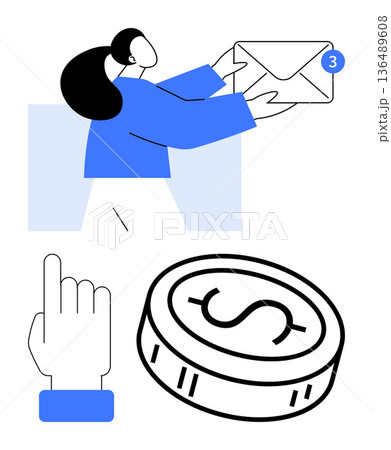 Digital communication, online transactions, notifications, financial services, e-commerce, content sharing. A person receiving an email, a coin icon and a pointing hand. Digital communication 136489608