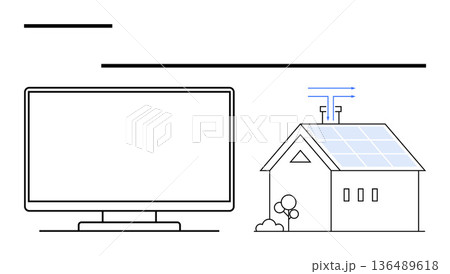 Smart technology, renewable energy, eco-friendly homes, digital connectivity, energy management, modern living. House with solar panels connected to a device. Renewable energy and smart technology 136489618