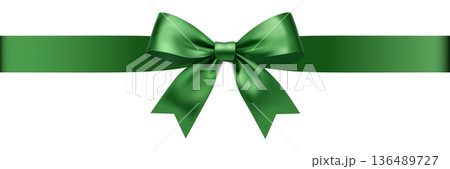 Green satin ribbon with bow and long horizontal band isolated on white background gift wrap decoration for St Patricks Day packaging and cards Green satin ribbon with bow and long horizontal band isolated on white background gift wrap decoration for St Patricks Day packaging and cards 136489727