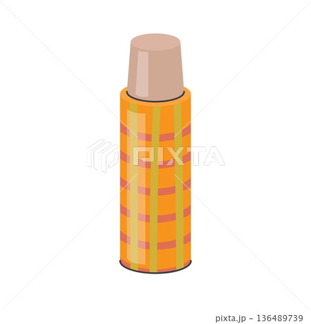 Retro orange thermos with checkered pattern and beige cup lid isolated on white background camping drink container illustration 136489739