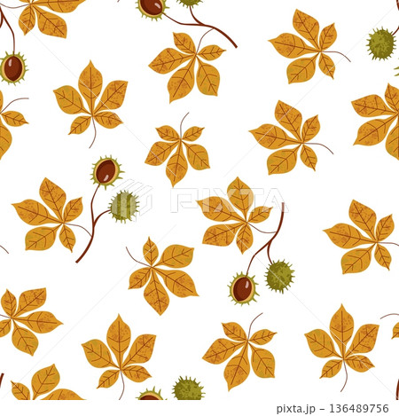 Seamless pattern of autumn chestnut leaves and spiky conker fruits in warm brown and orange tones on white background Seamless pattern of autumn chestnut leaves and spiky conker fruits in warm brown and orange tones on white background 136489756