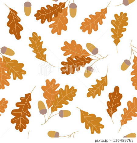 Seamless pattern of autumn oak leaves and acorns in warm orange and brown shades scattered on a white background Seamless pattern of autumn oak leaves and acorns in warm orange and brown shades scattered on a white background 136489765