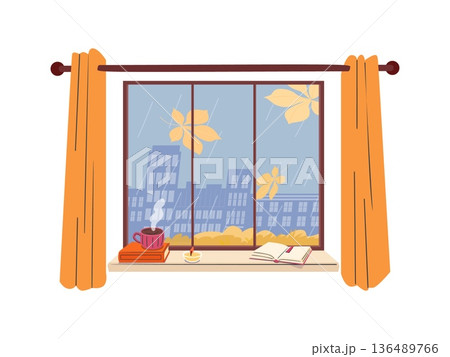 Cozy window scene with falling autumn leaves hot drink book and candle on windowsill against rainy cityscape background with orange curtains 136489766