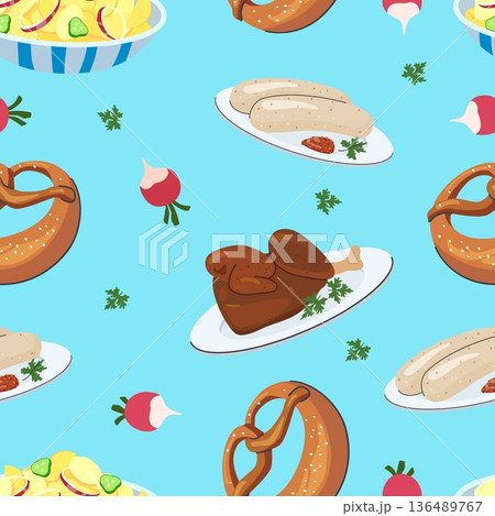 Seamless Bavarian food pattern with pretzels weisswurst roast chicken potato salad radishes parsley on sky blue background 136489767