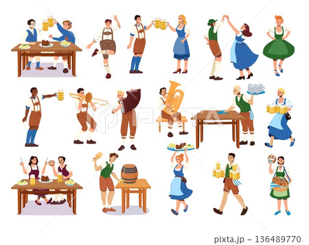 Cheerful Oktoberfest characters in Bavarian costumes dancing playing music serving beer and food with pretzels steins waiters servers and couples celebrating Cheerful Oktoberfest characters in Bavarian costumes dancing playing music serving beer and food with pretzels steins waiters servers and couples celebrating 136489770