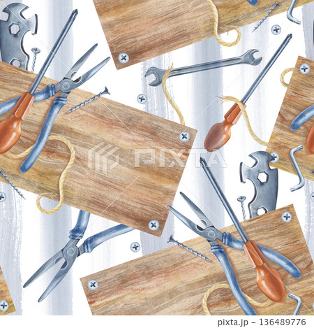 Seamless pattern with working tools and a wooden board on a background of gray paint stripes. Isolated watercolor illustration of men's work tools for home renovation. Realistic repeating pattern for 136489776
