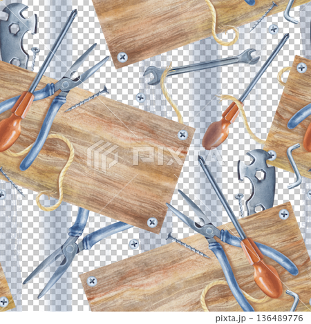 Seamless pattern with working tools and a wooden board on a background of gray paint stripes. Isolated watercolor illustration of men's work tools for home renovation. Realistic repeating pattern for 136489776