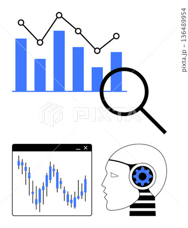 Data analysis, AI, technology innovation, business intelligence, financial insights, research tools. Bar and line charts, magnifying glass and AI head with a cogwheel. Data analysis and AI concept 136489954