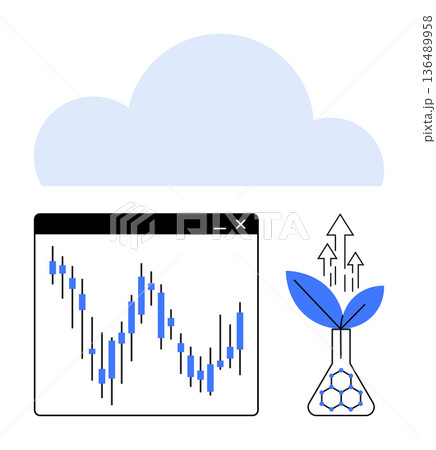 Business growth, sustainability, data analysis, economics, innovation, renewable resources. Stock chart and laboratory flask with plant sprouting. Business growth and sustainability concept Business growth, sustainability, data analysis, economics, innovation, renewable resources. Stock chart and laboratory flask with plant sprouting. Business growth and sustainability concept 136489958