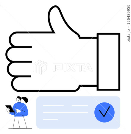 Business approval, digital validation, online feedback, task completion, achievement, communication. Large thumbs-up symbol with checklist, woman holding tablet. Approval and digital validation 136489959