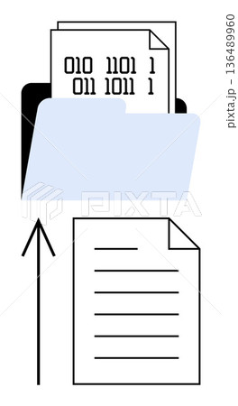 Data transfer, digital storage, file management, archiving, information systems, paperless workflows. Visual of a folder, binary code document and an upward file arrow. Data transfer and digital Data transfer, digital storage, file management, archiving, information systems, paperless workflows. Visual of a folder, binary code document and an upward file arrow. Data transfer and digital 136489960