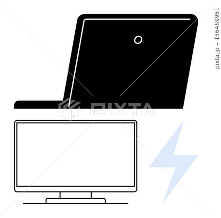 Technology, hardware, computing, energy, digital tools, connectivity. A rear view of a laptop, a blank monitor and a lightning bolt icon. Technology and hardware concept conveying energy and digital Technology, hardware, computing, energy, digital tools, connectivity. A rear view of a laptop, a blank monitor and a lightning bolt icon. Technology and hardware concept conveying energy and digital 136489961