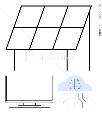 Renewable energy, AI innovation, technology integration, smart systems, eco-friendly designs, and cloud computing. Diagram of a solar panel, monitor and AI cloud icon. Renewable energy and AI Renewable energy, AI innovation, technology integration, smart systems, eco-friendly designs, and cloud computing. Diagram of a solar panel, monitor and AI cloud icon. Renewable energy and AI 136489979