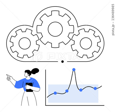 Cloud computing, data analysis, business strategy, teamwork, software development, innovation. A cloud with gears, data chart and a woman pointing. Cloud computing and data analysis concept Cloud computing, data analysis, business strategy, teamwork, software development, innovation. A cloud with gears, data chart and a woman pointing. Cloud computing and data analysis concept 136489985