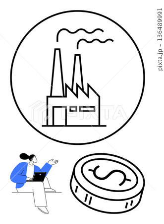 Economic development, industrialization, financial growth, corporate strategy, investment decisions, marketplace trends. Factory emitting smoke, large coin person working on laptop. Economic Economic development, industrialization, financial growth, corporate strategy, investment decisions, marketplace trends. Factory emitting smoke, large coin person working on laptop. Economic 136489991