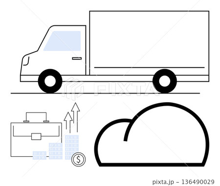Logistics, cloud computing, financial management, business efficiency, supply chain, technology integration. A delivery truck, cloud icon briefcase and financial growth symbols. Logistics and cloud 136490029