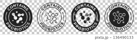 Contains probiotics label. Prebiotics bacteria icon. Flora vector illustration for dairy product packaging logo, sign, symbol or emblem isolated. Contains probiotics label. Prebiotics bacteria icon. Flora vector illustration for dairy product packaging logo, sign, symbol or emblem isolated. 136490133
