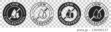 Low cholesterol label. Trans fat free icon. Low cholesterol illustration for product packaging logo, sign, symbol or emblem. Zero calories badge isolated. Low cholesterol label. Trans fat free icon. Low cholesterol illustration for product packaging logo, sign, symbol or emblem. Zero calories badge isolated. 136490137