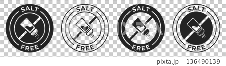 Salt free label. Low sodium icon. Salt free illustration for product packaging logo, sign, symbol or emblem isolated. 136490139